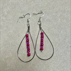Pink Bead Tear Drop Earrings , Silver